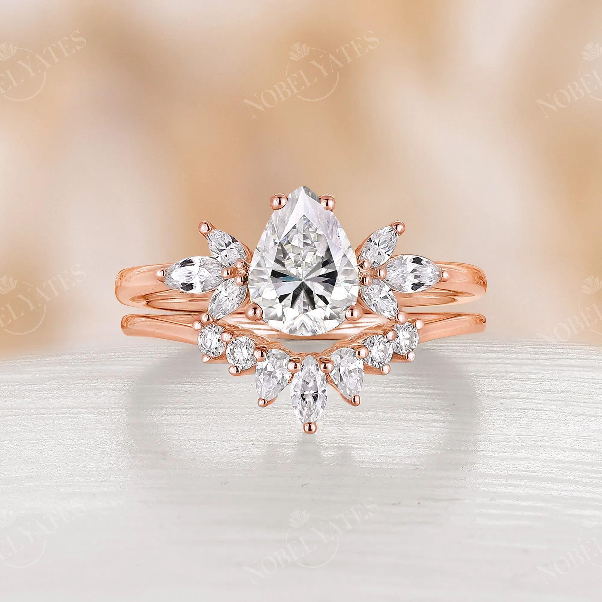 Vintage Moissanite Pear & Marquise Bridal Sets Cluster Rose Gold