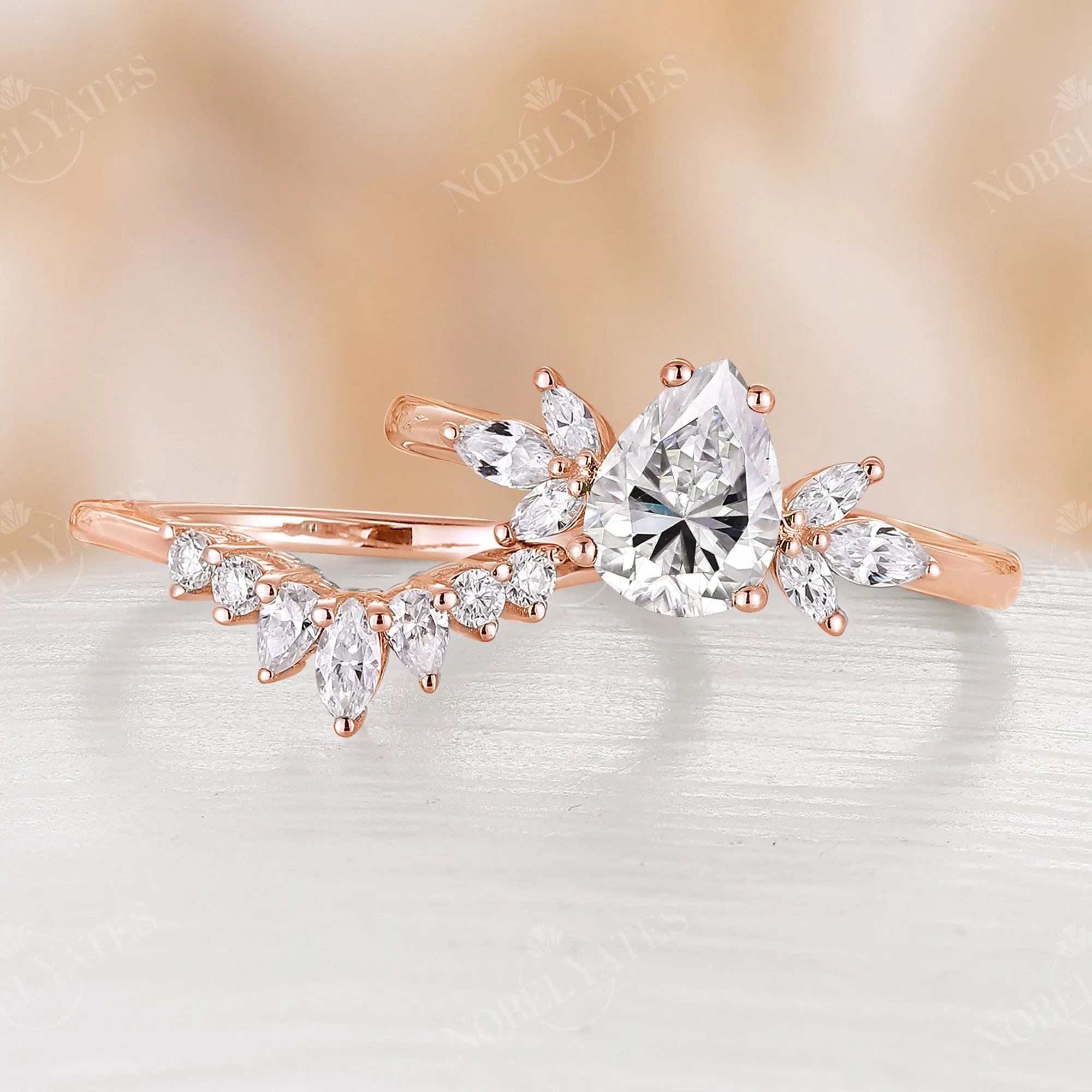 Vintage Moissanite Pear & Marquise Bridal Sets Cluster Rose Gold