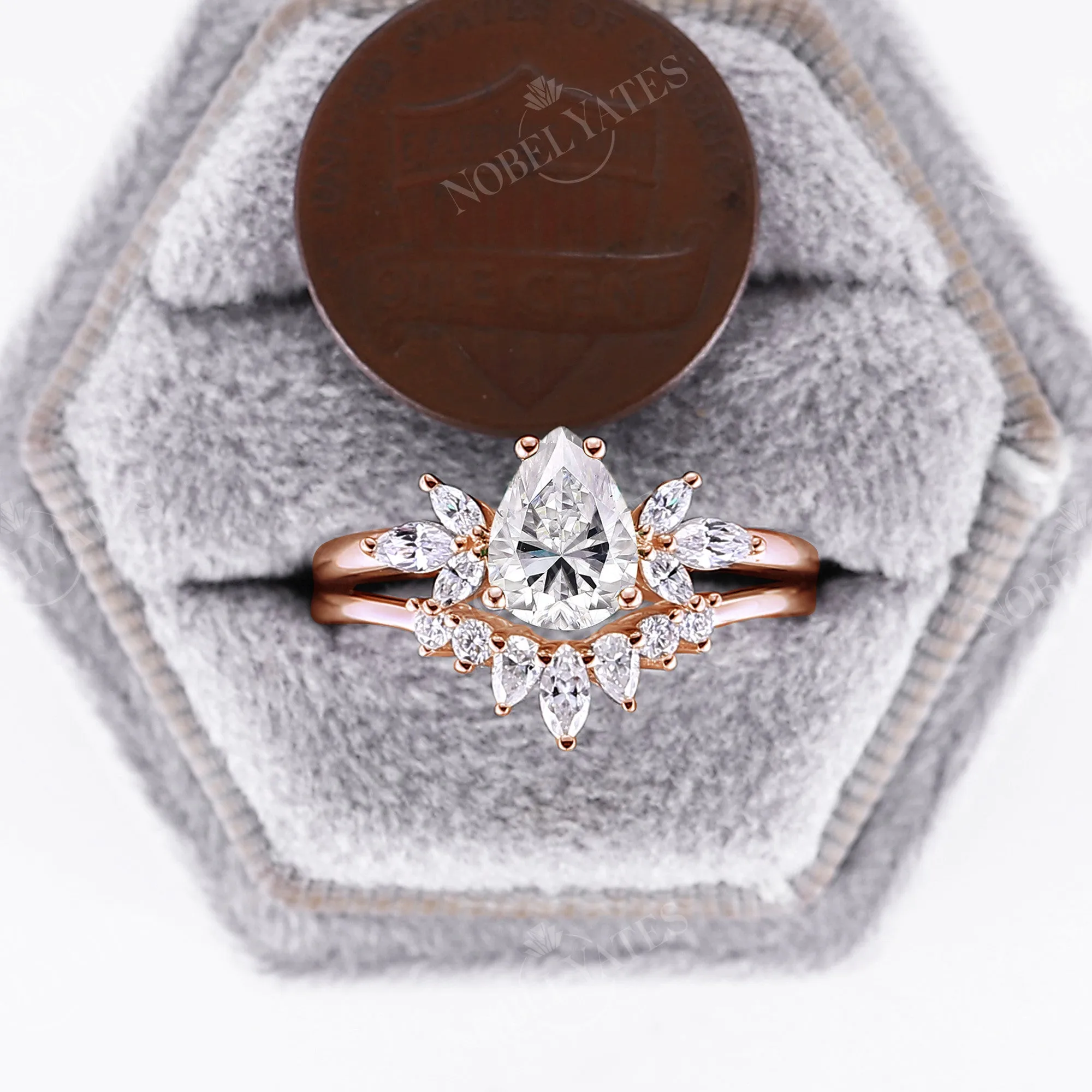 Vintage Moissanite Pear & Marquise Bridal Sets Cluster Rose Gold