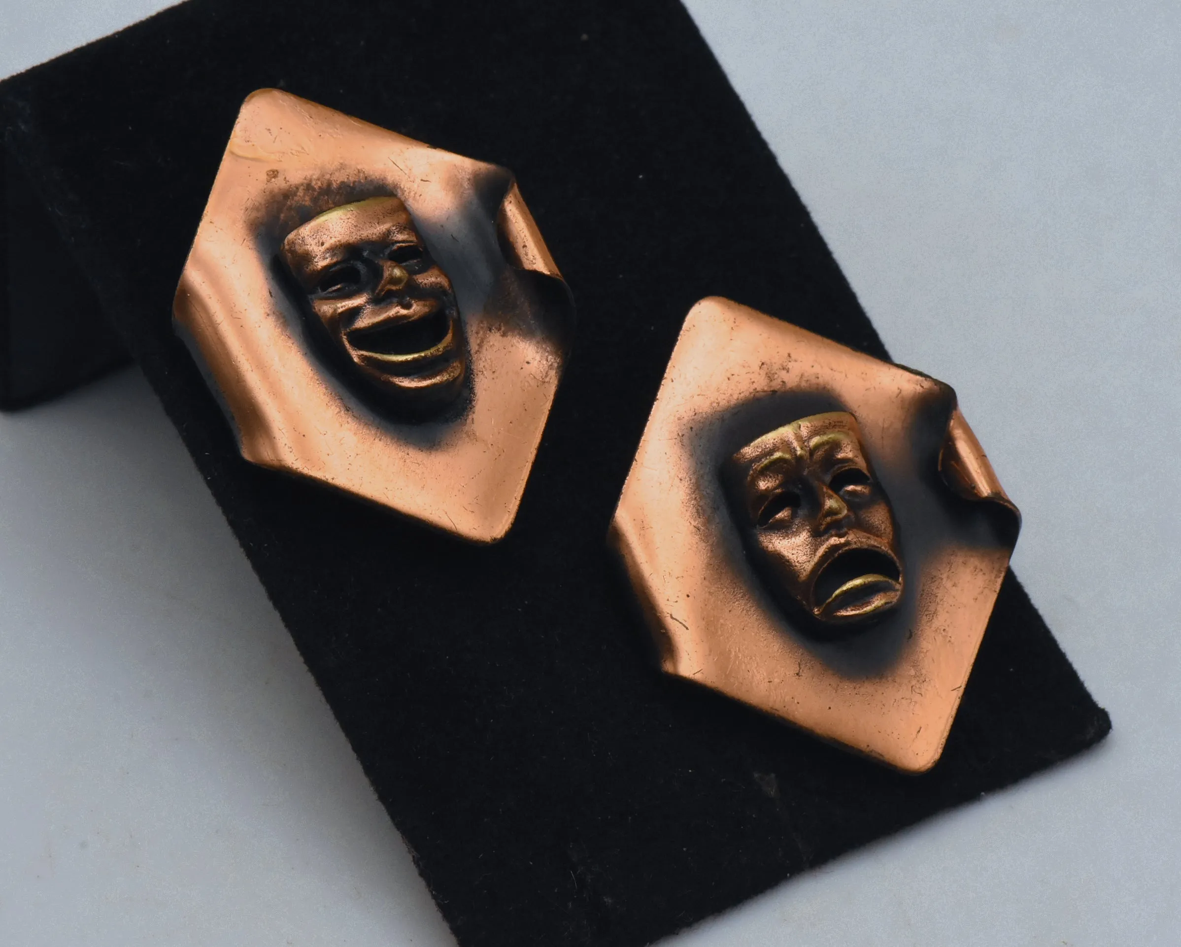 Vintage Pair of Copper Drama Masks Brooches