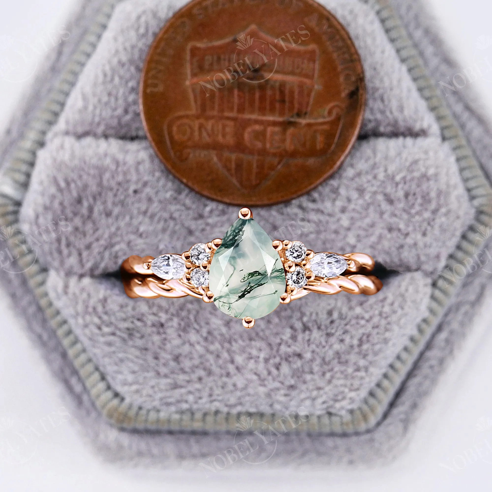 Vintage Pear Moss Agate & Moissanite Rose Gold Twist Bridal Sets