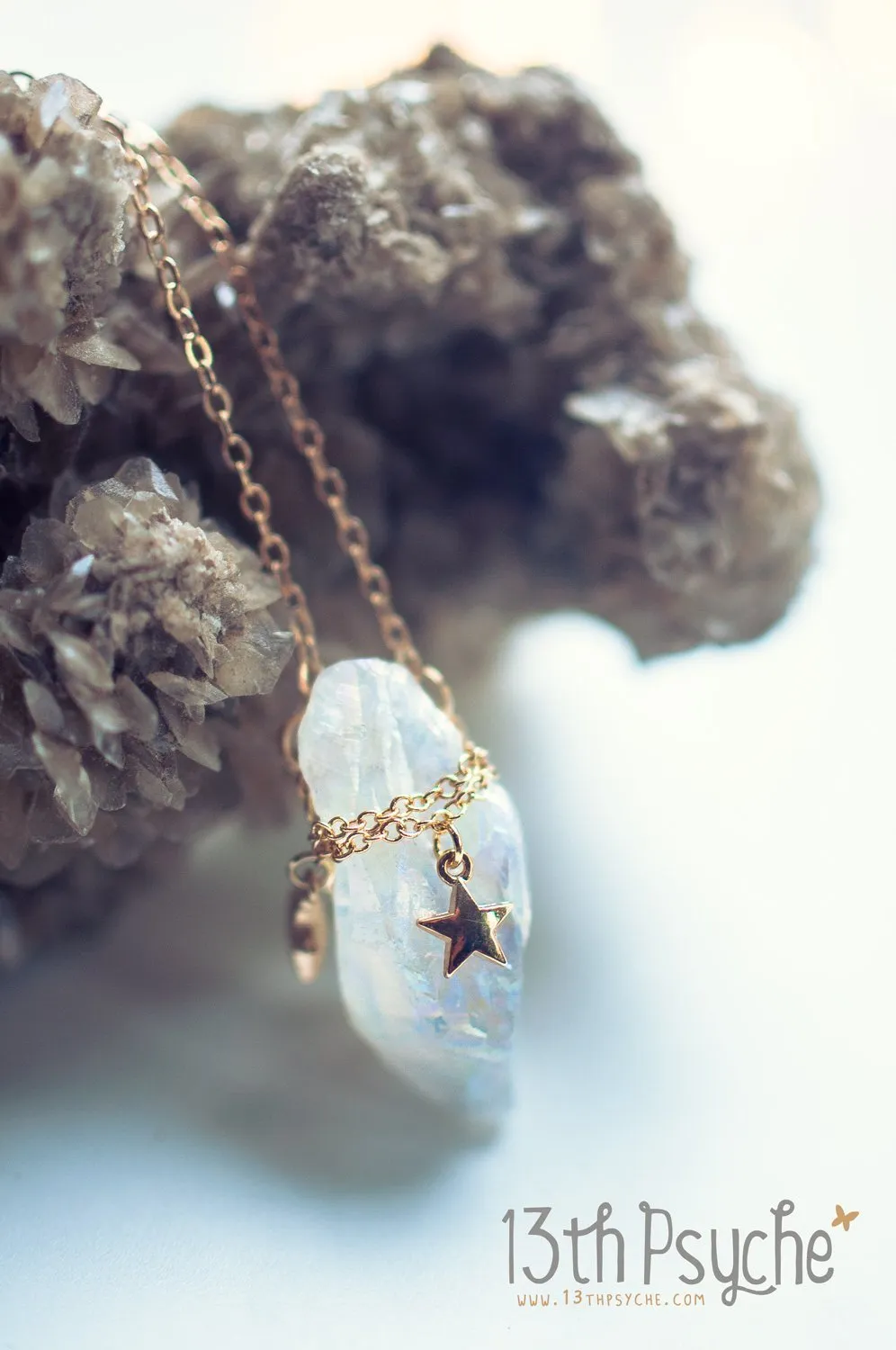 White raw quartz crystal necklace with gold stars