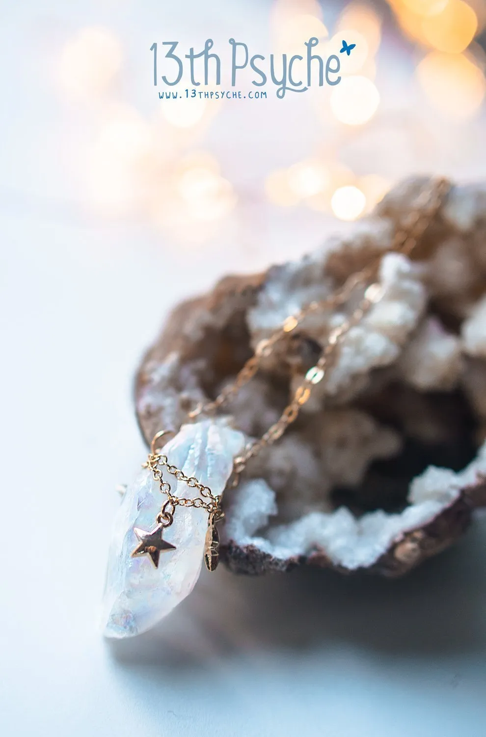 White raw quartz crystal necklace with gold stars