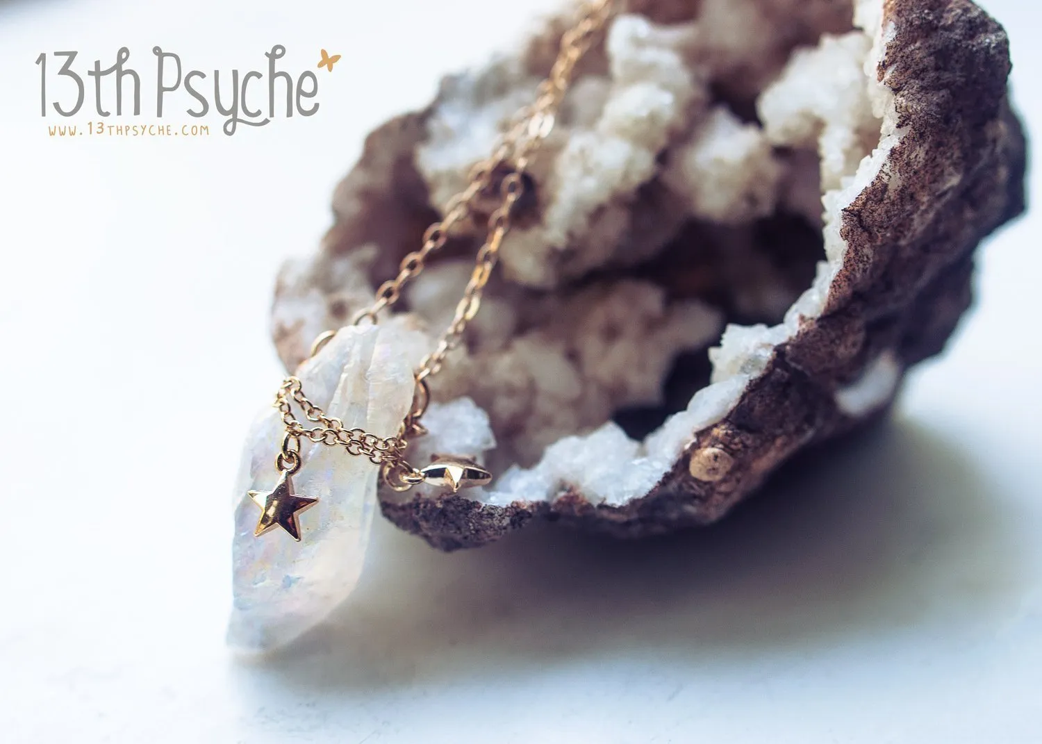 White raw quartz crystal necklace with gold stars