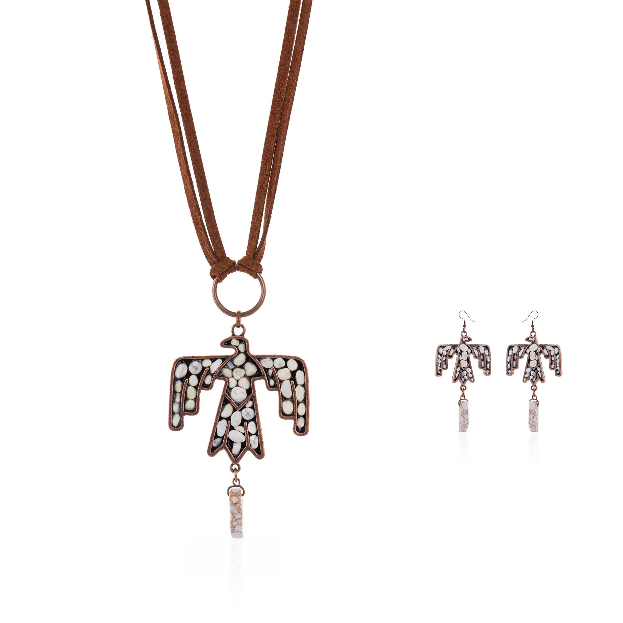 WNS-1043  Wrangler Jewelry Sets Thunderbird Pendant Leather Necklace Earrings Set