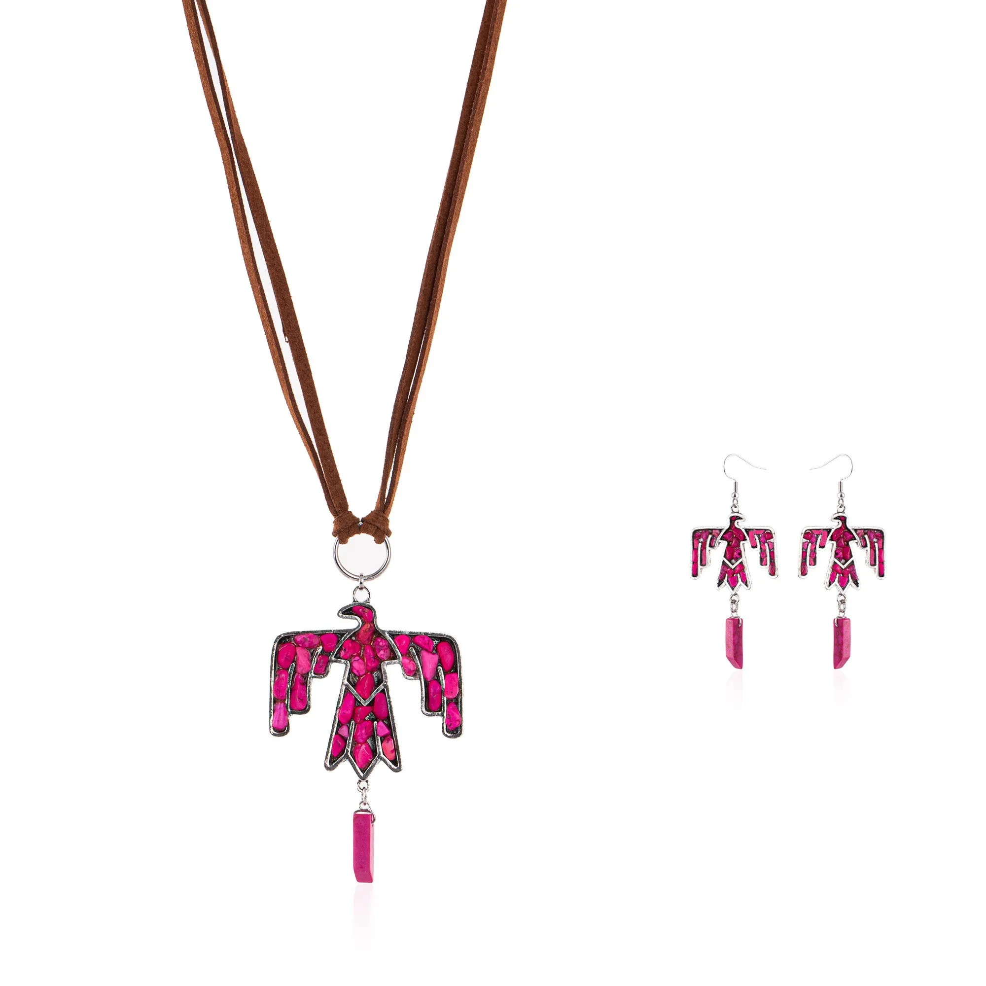 WNS-1043  Wrangler Jewelry Sets Thunderbird Pendant Leather Necklace Earrings Set